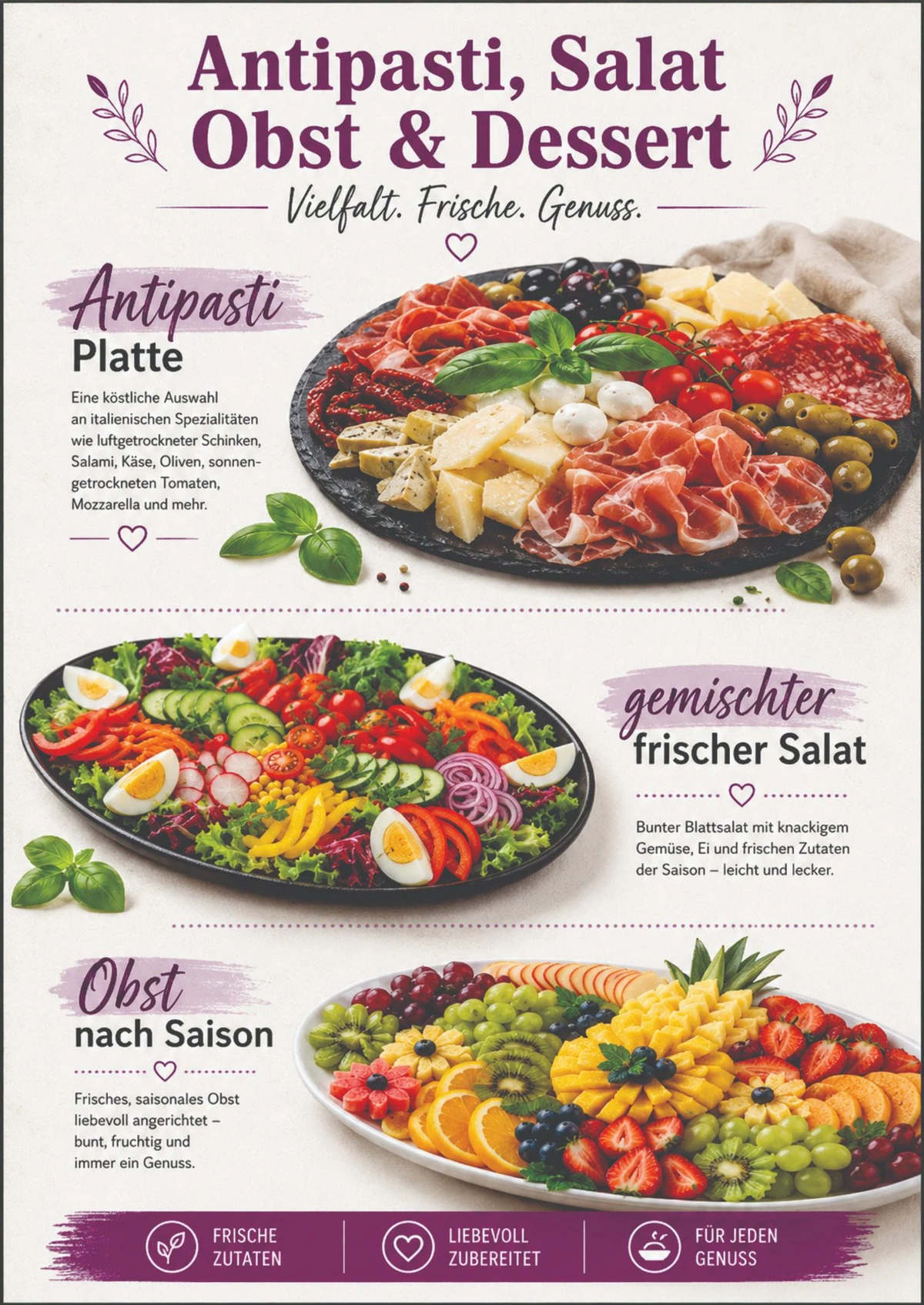 Antipasti, Salat, Obst und Dessert
